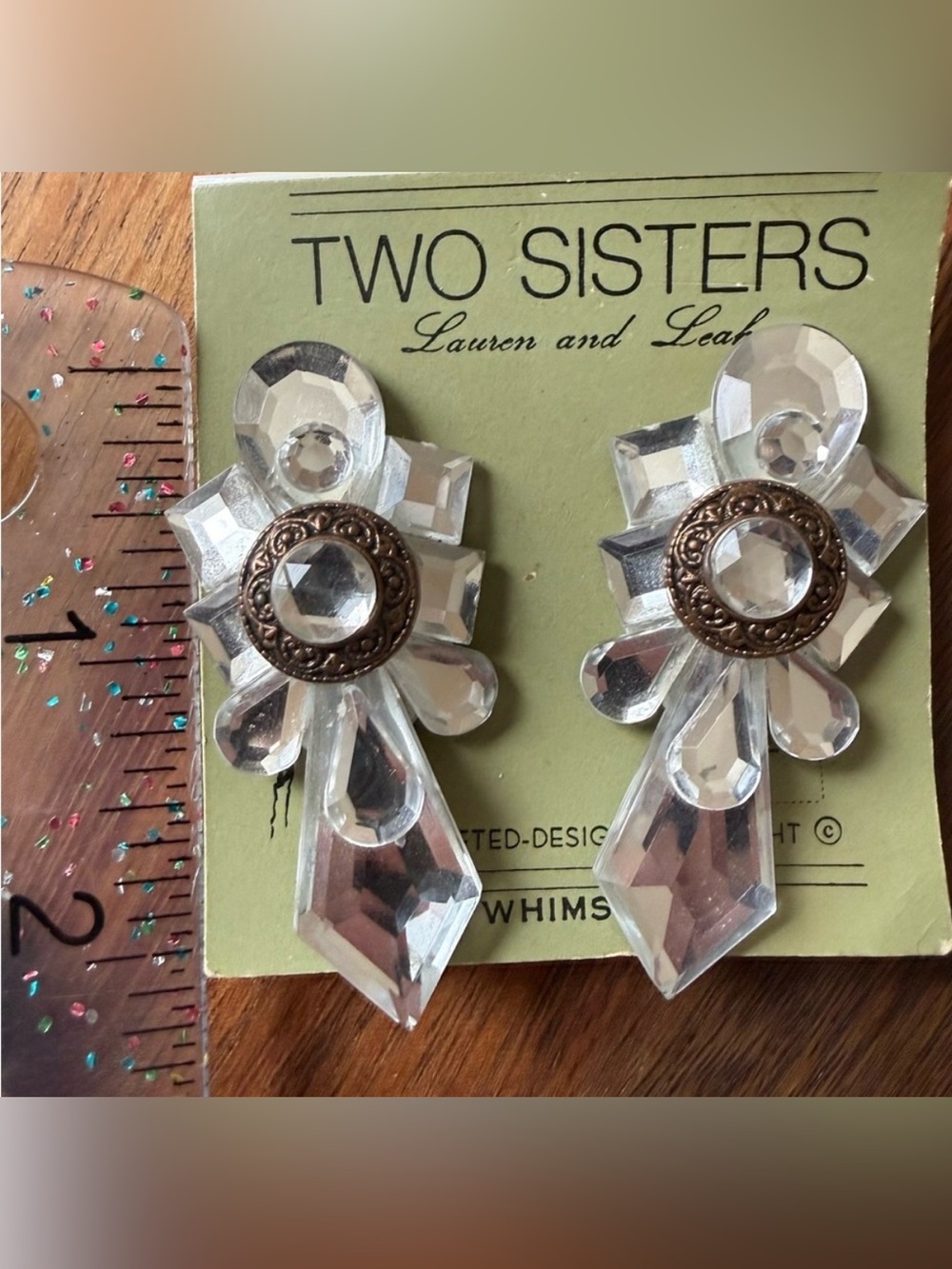 Vintage Two Sisters 80s Funky Clip On Earrings Plastic Rhinestone